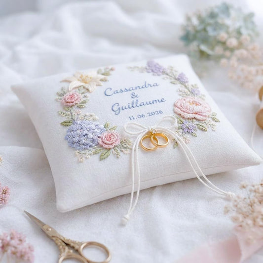 Luxury Embroidered Ring Bearer Pillow, Personalized Wedding Ring Pillow, Floral Wreath Linen Cushion, Custom Names & Date, Elegant Bridal
