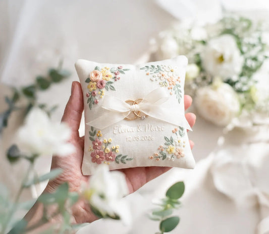 Personalized Floral Border Ring Bearer Pillow, Embroidered Wedding Pillow with Names Date, Custom Linen Ring Pillow, Handmade Wedding