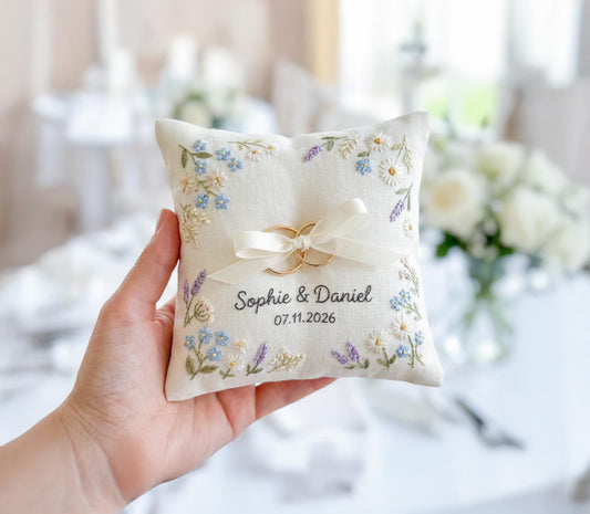 Personalized Floral Border Ring Bearer Pillow, Embroidered Wedding Pillow with Names Date, Custom Linen Ring Pillow, Handmade Wedding