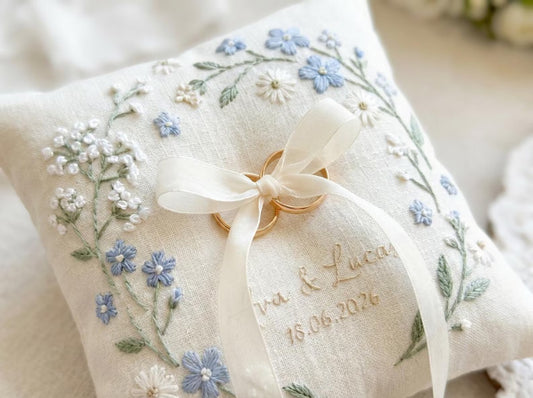 Forget Me Nots - Personalized Embroidered Ring Bearer Pillow, Custom Linen Wedding Cushion, Hand Embroidery Ring Holder, Floral Ring Pillow, Wedding Gift