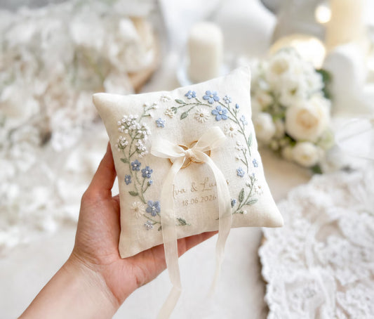 Forget Me Nots - Personalized Embroidered Ring Bearer Pillow, Custom Linen Wedding Cushion, Hand Embroidery Ring Holder, Floral Ring Pillow, Wedding Gift