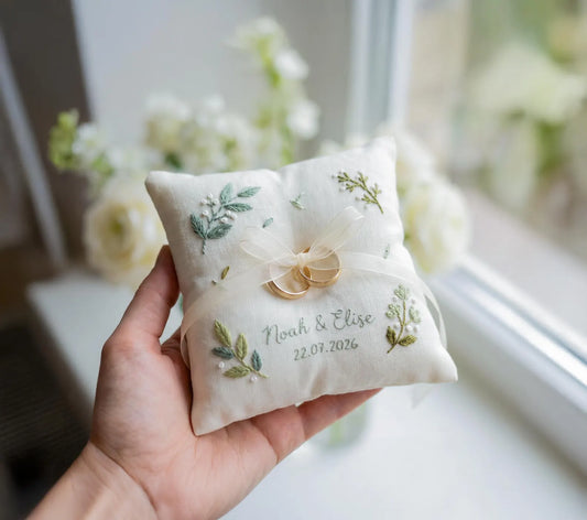 Personalized Floral Border Ring Bearer Pillow, Embroidered Wedding Pillow with Names Date, Custom Linen Ring Pillow, Handmade Wedding