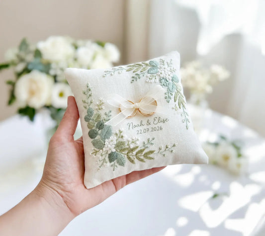 Personalized Ring Bearer Pillow, Embroidered Botanical Wedding Pillow, Sage Green Linen Ring Cushion, Custom Names, Elegant Garden Bridal