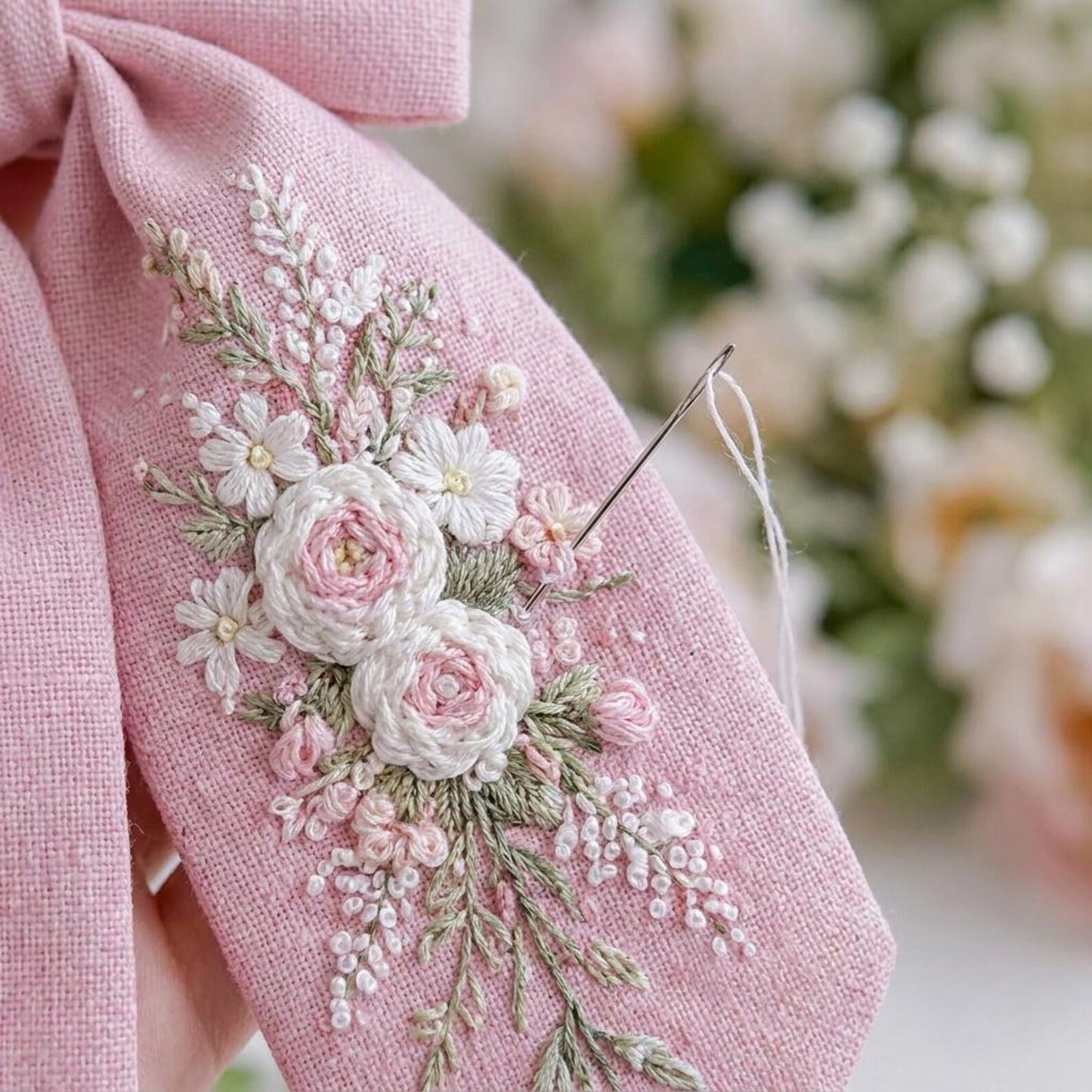 Personalized Elegant Rose Linen Hair Bow – Hand Embroidered Flower Bow with Initial – Custom Name Text Bow for Girls, Handmade Hairpin Bow for Girl