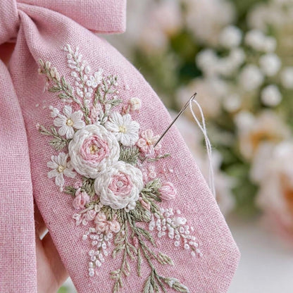 Personalized Elegant Rose Linen Hair Bow – Hand Embroidered Flower Bow with Initial – Custom Name Text Bow for Girls, Handmade Hairpin Bow for Girl