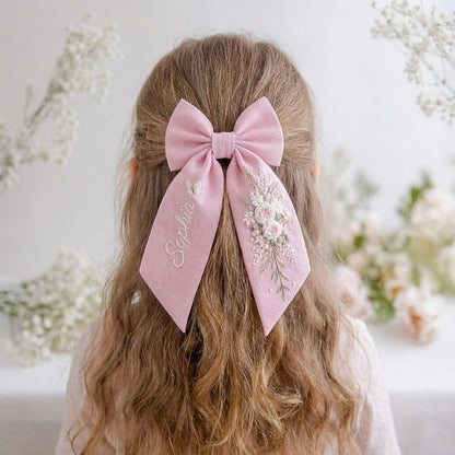 Personalized Elegant Rose Linen Hair Bow – Hand Embroidered Flower Bow with Initial – Custom Name Text Bow for Girls, Handmade Hairpin Bow for Girl