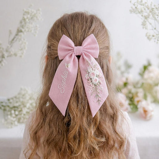 Personalized Elegant Rose Linen Hair Bow – Hand Embroidered Flower Bow with Initial – Custom Name Text Bow for Girls, Handmade Hairpin Bow for Girl