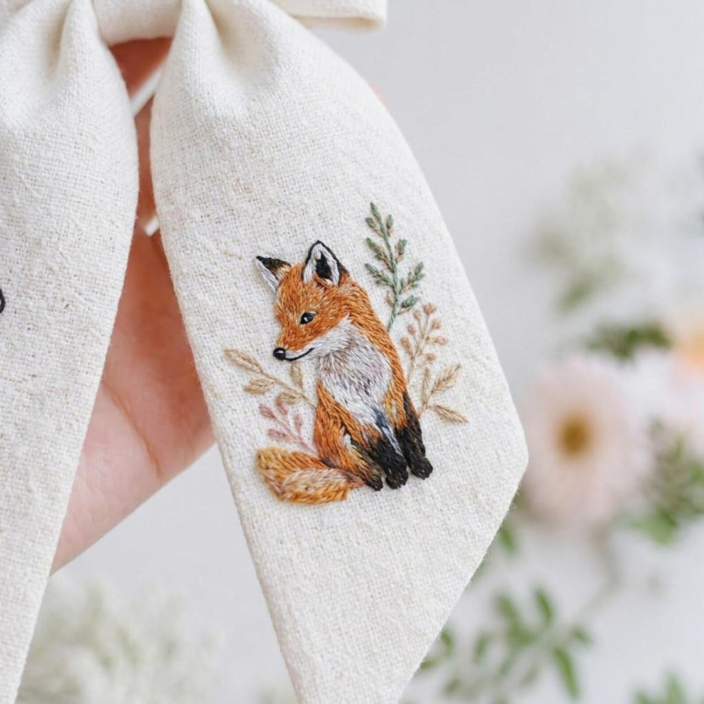 Personalized Fox Bow Hair Clip, Embroidered Linen Hair Bow, Custom Name Hair Clip, Woodland Baby Girl Bow, Handmade Gift for Kids