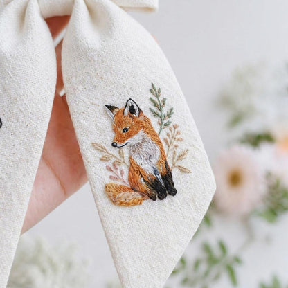 Personalized Fox Bow Hair Clip, Embroidered Linen Hair Bow, Custom Name Hair Clip, Woodland Baby Girl Bow, Handmade Gift for Kids