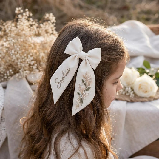 Personalized Petite White Flower Linen Hair Bow – Hand Embroidered Flower Bow with Initial – Custom Name Text Bow for Girls, Handmade Hairpin Bow for Girl