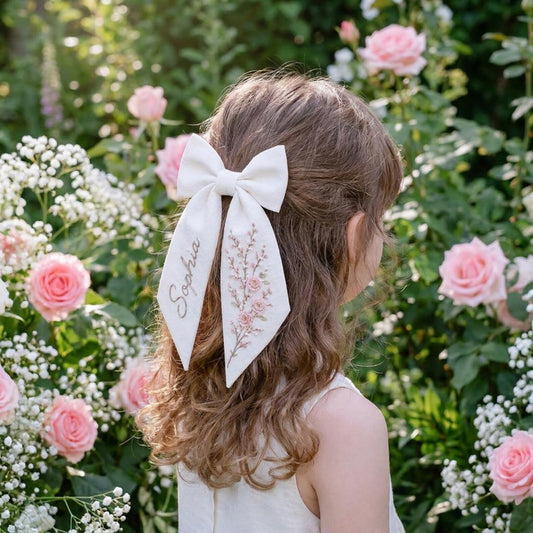Personalized Rose Linen Hair Bow – Hand Embroidered Flower Bow with Initial – Custom Name Text Bow for Girls, Handmade Hairpin Bow for Girl