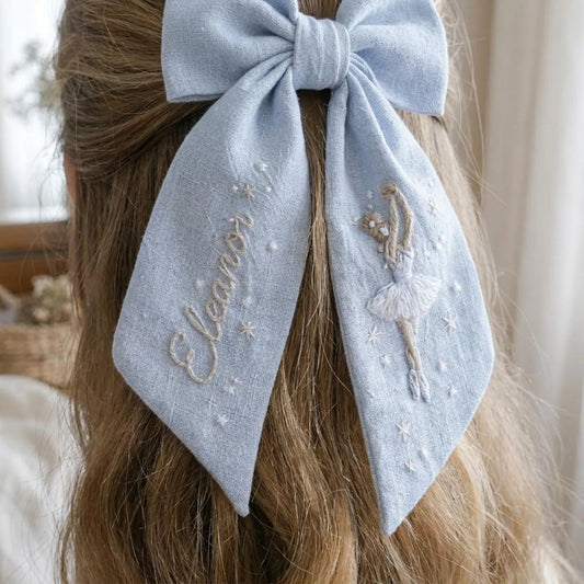 Personalized Ballerina Bow Hair Clip, Embroidered Linen Hair Bow, Custom Name Hair Clip, Ballet Dancer Hair Bow, Handmade Girl Gift