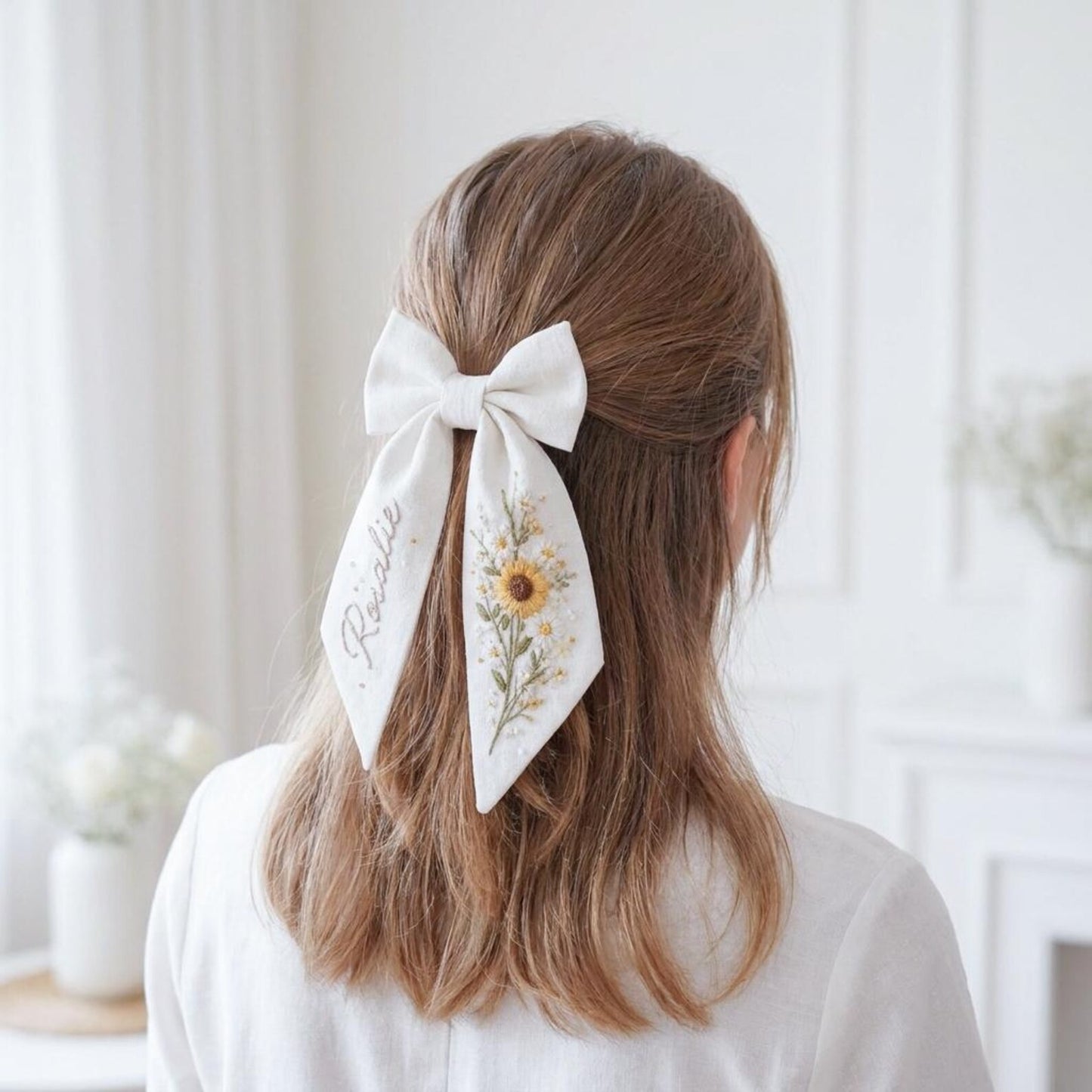 Personalized Sunflower Linen Hair Bow – Hand Embroidered Flower Bow with Initial – Custom Name Text Bow for Girls, Handmade Hairpin Bow for Girl