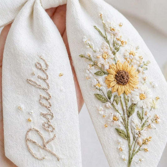 Personalized Sunflower Linen Hair Bow – Hand Embroidered Flower Bow with Initial – Custom Name Text Bow for Girls, Handmade Hairpin Bow for Girl