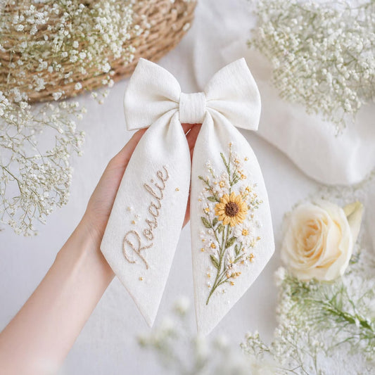 Personalized Sunflower Linen Hair Bow – Hand Embroidered Flower Bow with Initial – Custom Name Text Bow for Girls, Handmade Hairpin Bow for Girl