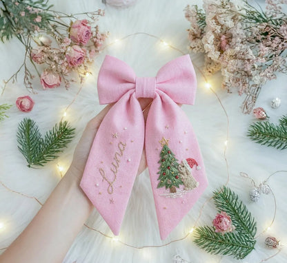 Personalized Christmas Bow Hair Clip, Embroidered Linen Hair Bow, Custom Name Hair Clip, Holiday Hair Bow, Handmade Girl Gift