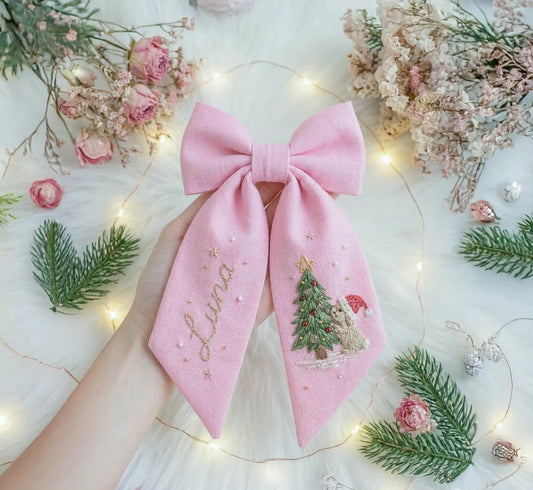 Personalized Christmas Bow Hair Clip, Embroidered Linen Hair Bow, Custom Name Hair Clip, Holiday Hair Bow, Handmade Girl Gift