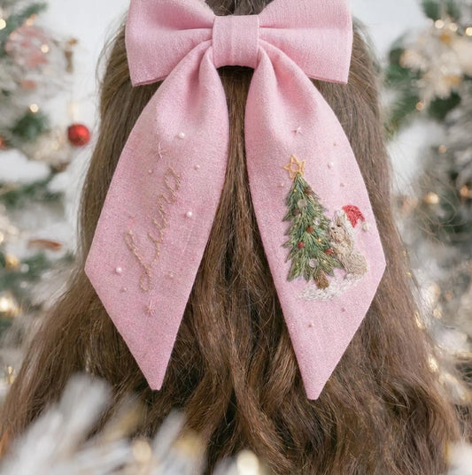 Personalized Christmas Bow Hair Clip, Embroidered Linen Hair Bow, Custom Name Hair Clip, Holiday Hair Bow, Handmade Girl Gift