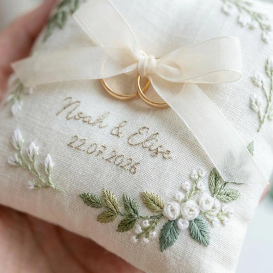 Personalized White Botanical Embroidered Linen Ring Bearer Pillow, Custom Linen Wedding Cushion, Hand Embroidery Ring Holder, Floral Ring Pillow, Wedding Gift