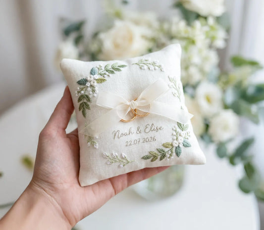 Personalized White Botanical Embroidered Linen Ring Bearer Pillow, Custom Linen Wedding Cushion, Hand Embroidery Ring Holder, Floral Ring Pillow, Wedding Gift