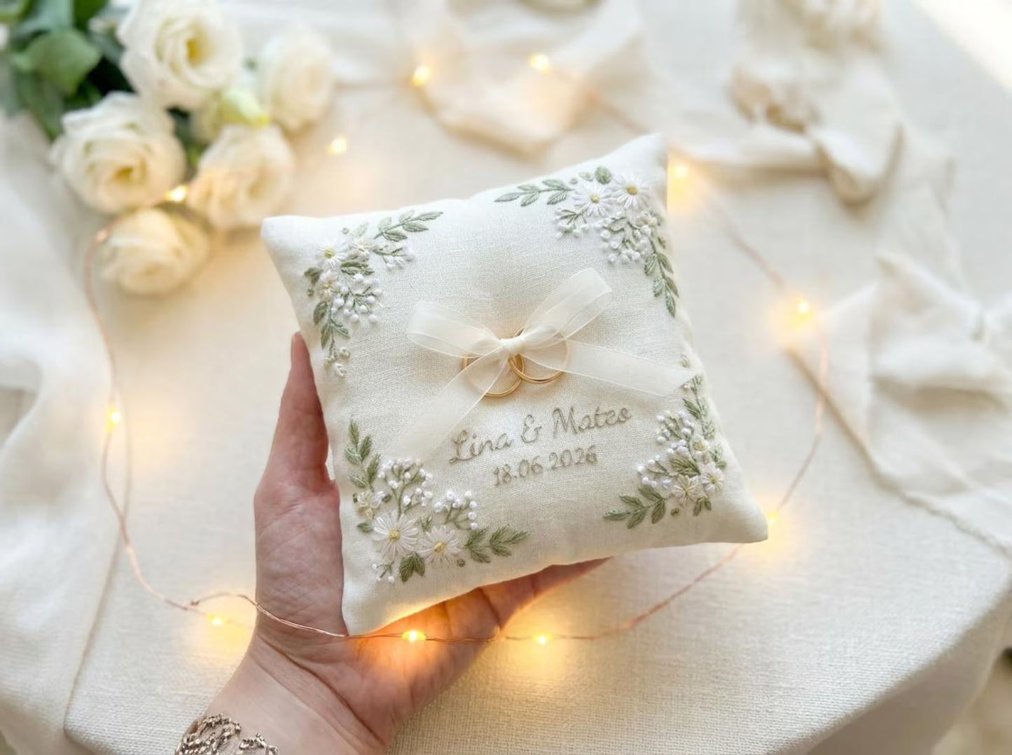 Daisy Meadow Embroidered Ring Bearer Pillow, Custom Linen Wedding Cushion, Hand Embroidery Ring Holder, Floral Ring Pillow, Wedding Gift