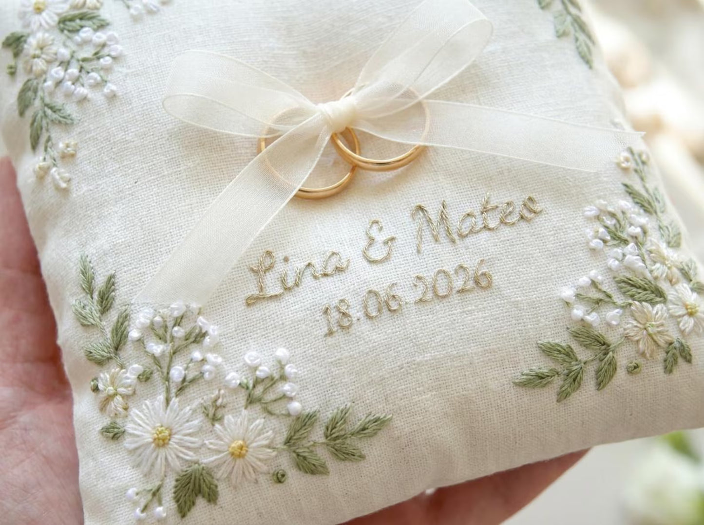 Daisy Meadow Embroidered Ring Bearer Pillow, Custom Linen Wedding Cushion, Hand Embroidery Ring Holder, Floral Ring Pillow, Wedding Gift