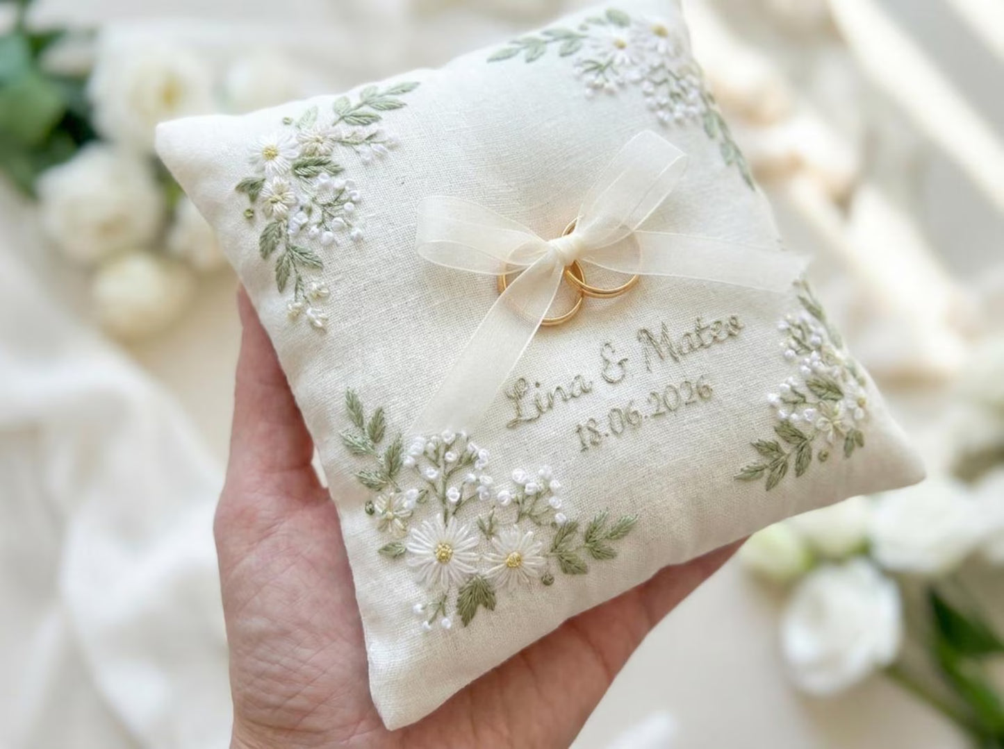 Daisy Meadow Embroidered Ring Bearer Pillow, Custom Linen Wedding Cushion, Hand Embroidery Ring Holder, Floral Ring Pillow, Wedding Gift