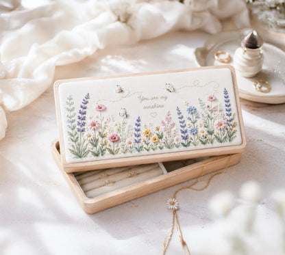 Hand Embroidered Floral Wooden Jewelry Box, Personalized Linen Ring Box, Vintage Wooden Keepsake Case, Bridesmaid Gift, Wedding Ring Holder