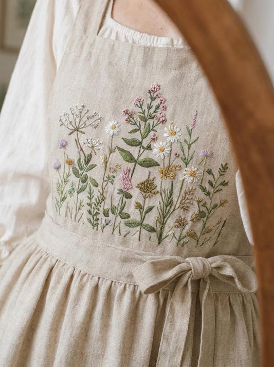 Hand Embroidered Linen Apron Dress, Wildflower Embroidery Dress, Cottagecore Linen Dress, Floral Rustic Apron, Vintage Farmhouse Dress