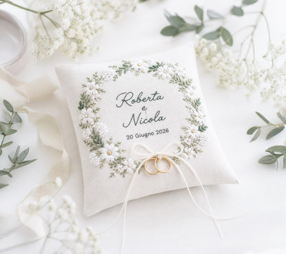 Personalized White Blossom Ring Pillow, Wedding Ring Bearer Pillow, Embroidered Linen Ring Pillow, Floral Wreath Ring Cushion, Custom Names Date, Rustic Wedding Decor