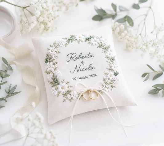 Personalized White Blossom Ring Pillow, Wedding Ring Bearer Pillow, Embroidered Linen Ring Pillow, Floral Wreath Ring Cushion, Custom Names Date, Rustic Wedding Decor