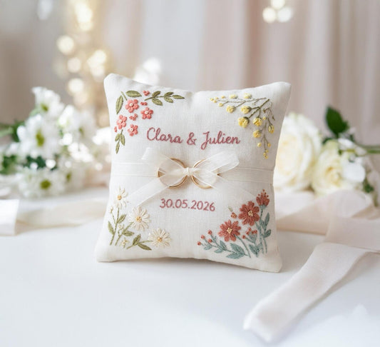 Personalized Ring Bearer Pillow, Embroidered Linen Wedding Pillow, Floral Corner Ring Cushion, Custom Names & Date, Rustic Bridal Accessory