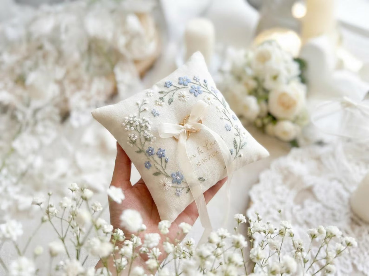 Forget Me Nots - Personalized Embroidered Ring Bearer Pillow, Custom Linen Wedding Cushion, Hand Embroidery Ring Holder, Floral Ring Pillow, Wedding Gift