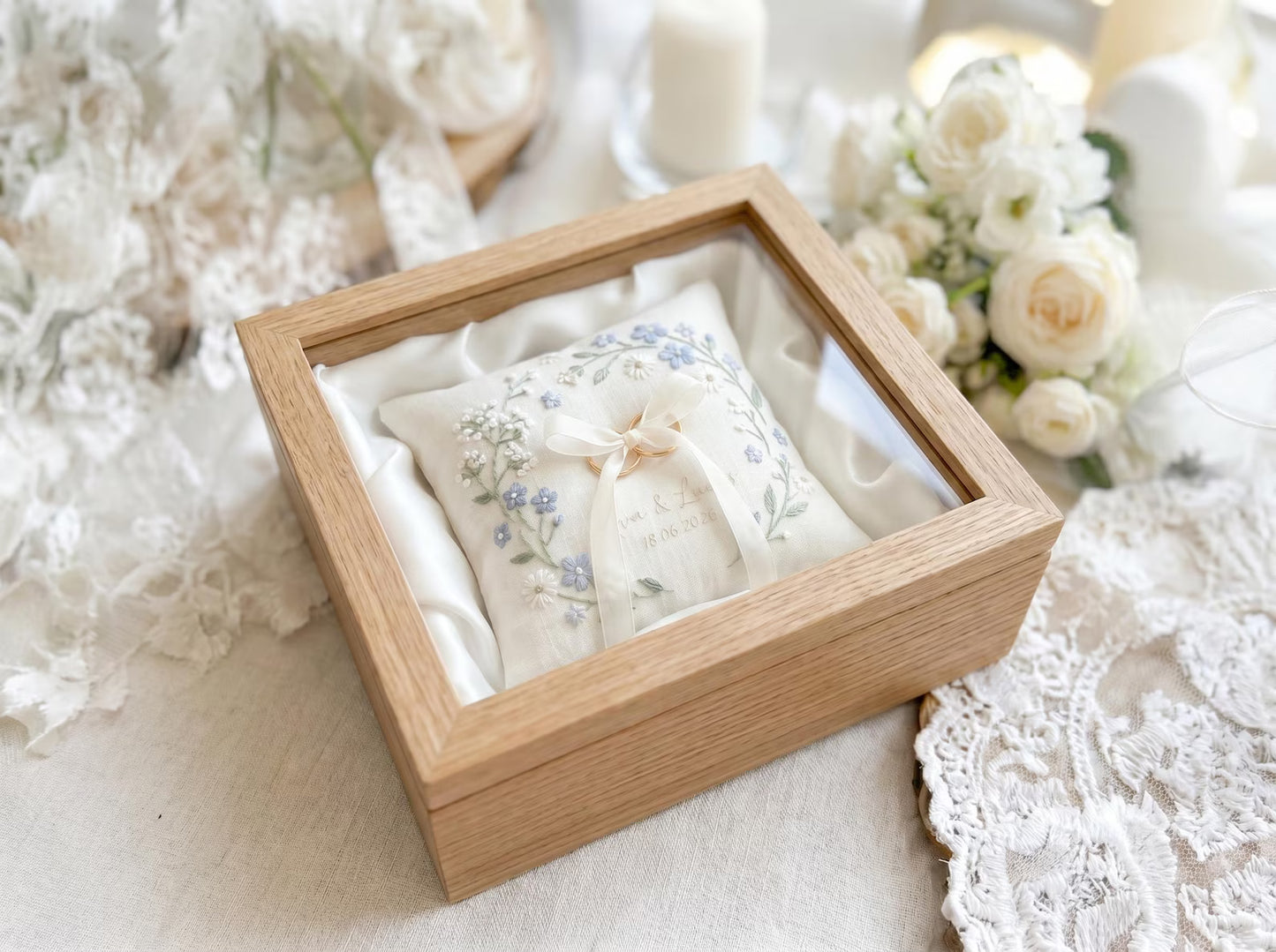 Forget Me Nots - Personalized Embroidered Ring Bearer Pillow, Custom Linen Wedding Cushion, Hand Embroidery Ring Holder, Floral Ring Pillow, Wedding Gift