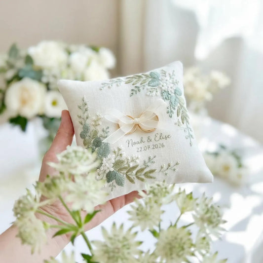 Personalized Ring Bearer Pillow, Embroidered Botanical Wedding Pillow, Sage Green Linen Ring Cushion, Custom Names, Elegant Garden Bridal