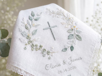 Personalized Christian Wedding Handkerchief, Embroidered Cross Bridal Hanky, Custom Religious Wedding Gift, Faith Based Keepsake
