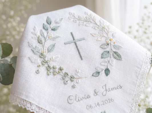 Personalized Christian Wedding Handkerchief, Embroidered Cross Bridal Hanky, Custom Religious Wedding Gift, Faith Based Keepsake