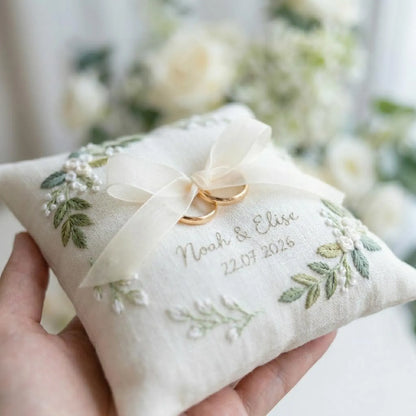 Personalized White Botanical Embroidered Linen Ring Bearer Pillow, Custom Linen Wedding Cushion, Hand Embroidery Ring Holder, Floral Ring Pillow, Wedding Gift