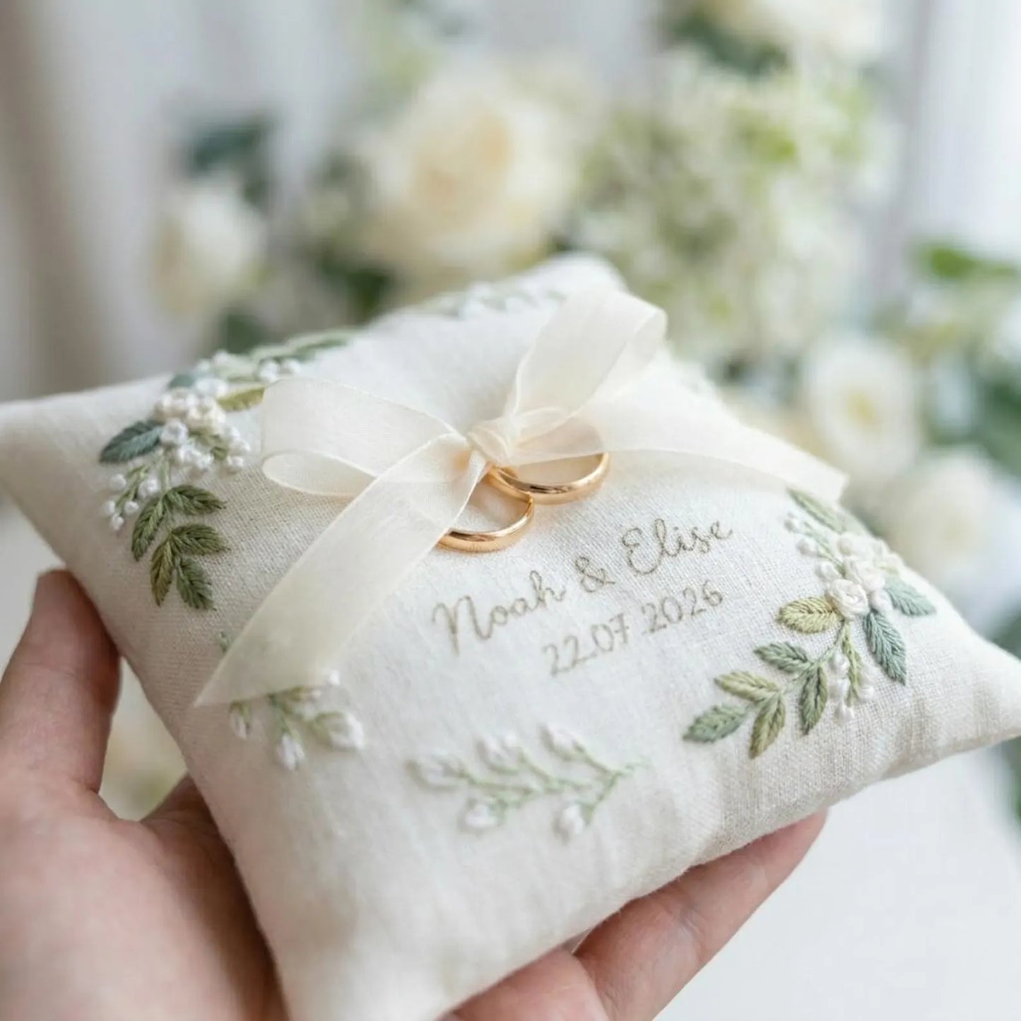 Personalized White Blossom Ring Pillow, Wedding Ring Bearer Pillow, Embroidered Linen Ring Pillow, Floral Wreath Ring Cushion, Custom Names Date, Rustic Wedding Decor