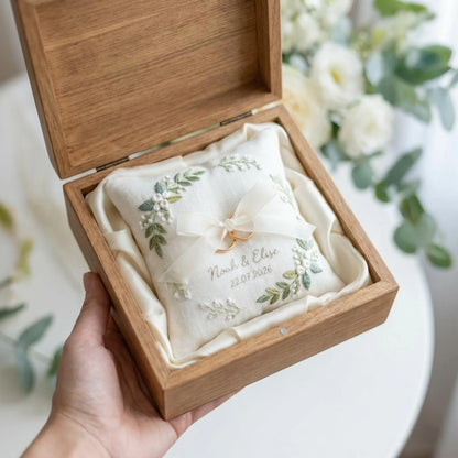 Personalized White Botanical Embroidered Linen Ring Bearer Pillow, Custom Linen Wedding Cushion, Hand Embroidery Ring Holder, Floral Ring Pillow, Wedding Gift
