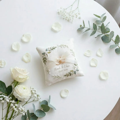 Personalized White Botanical Embroidered Linen Ring Bearer Pillow, Custom Linen Wedding Cushion, Hand Embroidery Ring Holder, Floral Ring Pillow, Wedding Gift