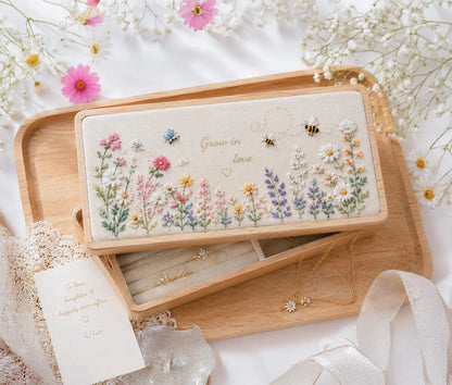 Hand Embroidered Floral Wooden Jewelry Box, Personalized Linen Ring Box, Vintage Wooden Keepsake Case, Bridesmaid Gift, Wedding Ring Holder