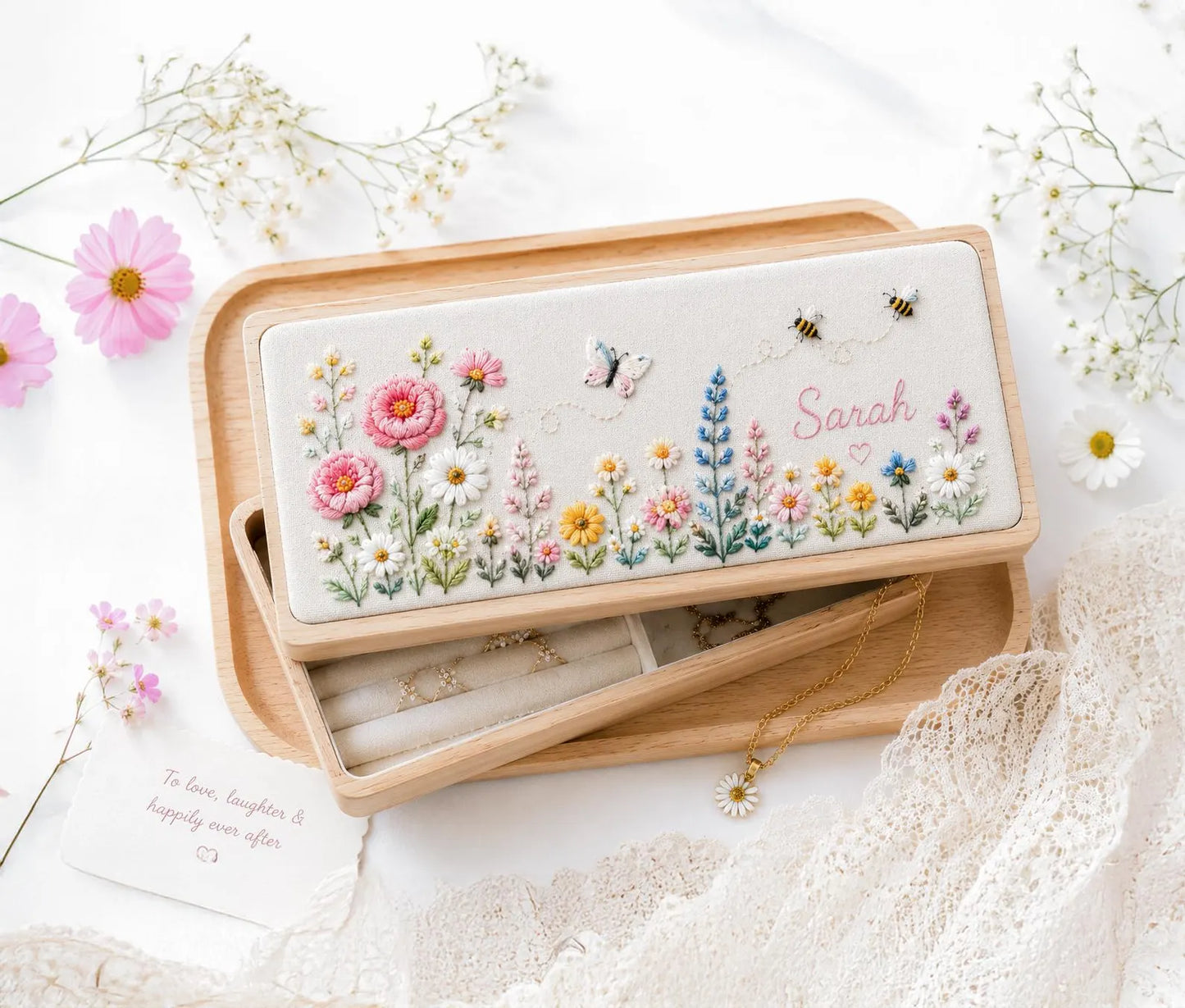 Hand Embroidered Floral Wooden Jewelry Box, Personalized Linen Ring Box, Vintage Wooden Keepsake Case, Bridesmaid Gift, Wedding Ring Holder