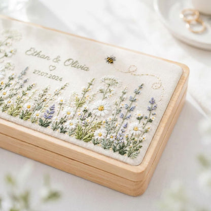 Hand Embroidered Wildflower Wooden Jewelry Box, Personalized Linen Ring Box, Vintage Wooden Keepsake Case, Bridesmaid Gift, Wedding Ring Holder