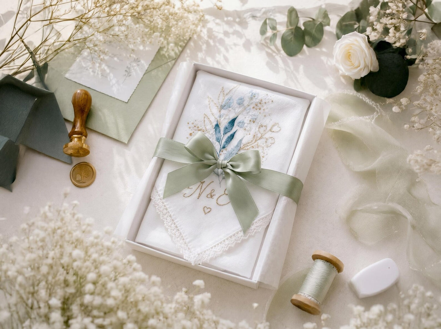 Embroidered Celestial Floral Wedding Handkerchief – Custom Floral Hankie for Bride, Bridal Gift, Personalized with Name & Date, Gift for Bride