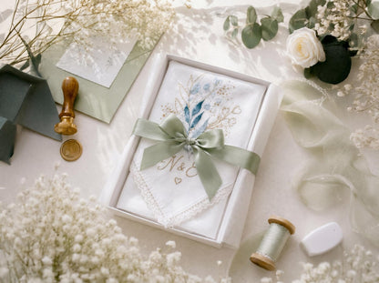 Embroidered Celestial Floral Wedding Handkerchief – Custom Floral Hankie for Bride, Bridal Gift, Personalized with Name & Date, Gift for Bride