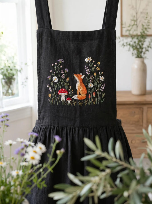 Personalized Fox Linen Apron, Hand Embroidered Woodland Animal Apron with Name, Cottagecore Autumn Apron, Custom Gift for Her