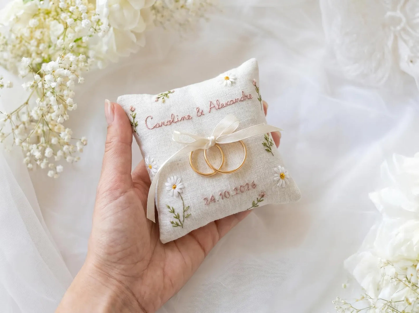 Personalized Wedding Ring Pillow Set, Embroidered Linen Handmade Ring Bearer Pillow, Custom Handfasting Ribbon, Handmade Bridal Pouch Gift