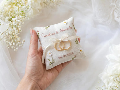 Personalized Wedding Ring Pillow Set, Embroidered Linen Handmade Ring Bearer Pillow, Custom Handfasting Ribbon, Handmade Bridal Pouch Gift