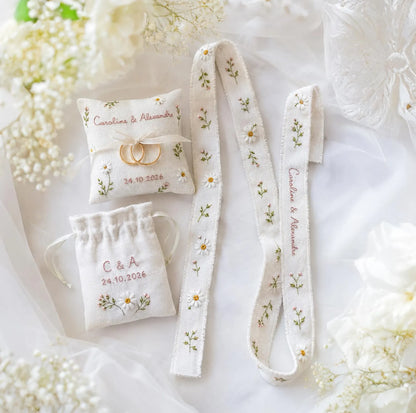 Personalized Wedding Ring Pillow Set, Embroidered Linen Handmade Ring Bearer Pillow, Custom Handfasting Ribbon, Handmade Bridal Pouch Gift